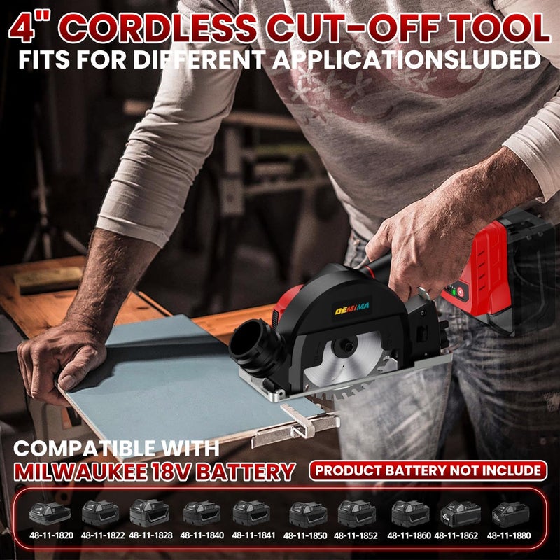 DEMIMA 4" Brushless Cordless Cut-Off Tool Compatible with Milwaukee 18V Battery, 500W mini Saw Up to 12000RPM with 6 Cut Off Wheel, 4" Blades & Base Plate for Metal, Wood, Tile and Plastic (No Battery) - Image 2